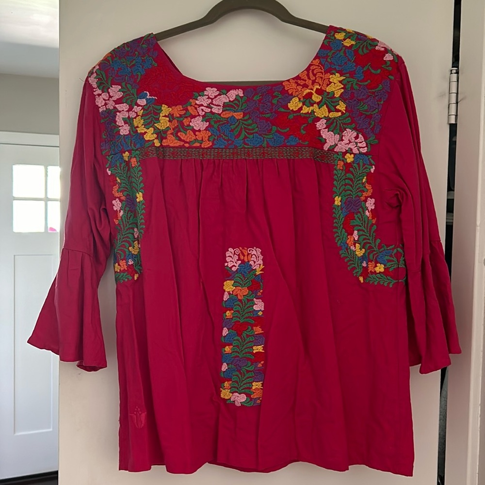 J Marie deep pink with multicolored embroidery and flutter sleeves